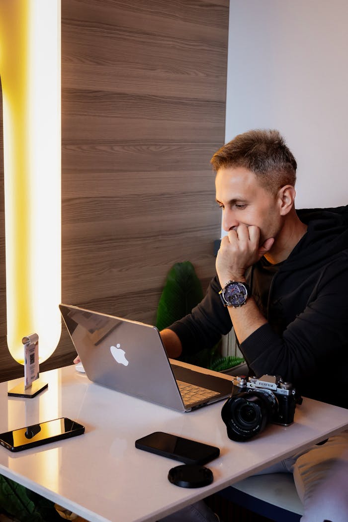 Man concentrating on laptop at home office desk with gadgets.